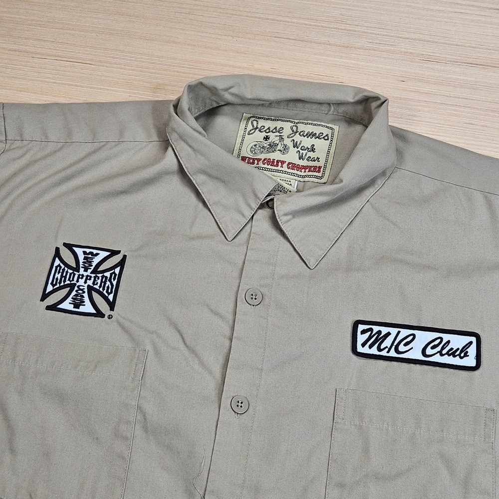 West Coast Choppers Button Up Shirt Mens XL Tan Jesse James Workwear MC Club